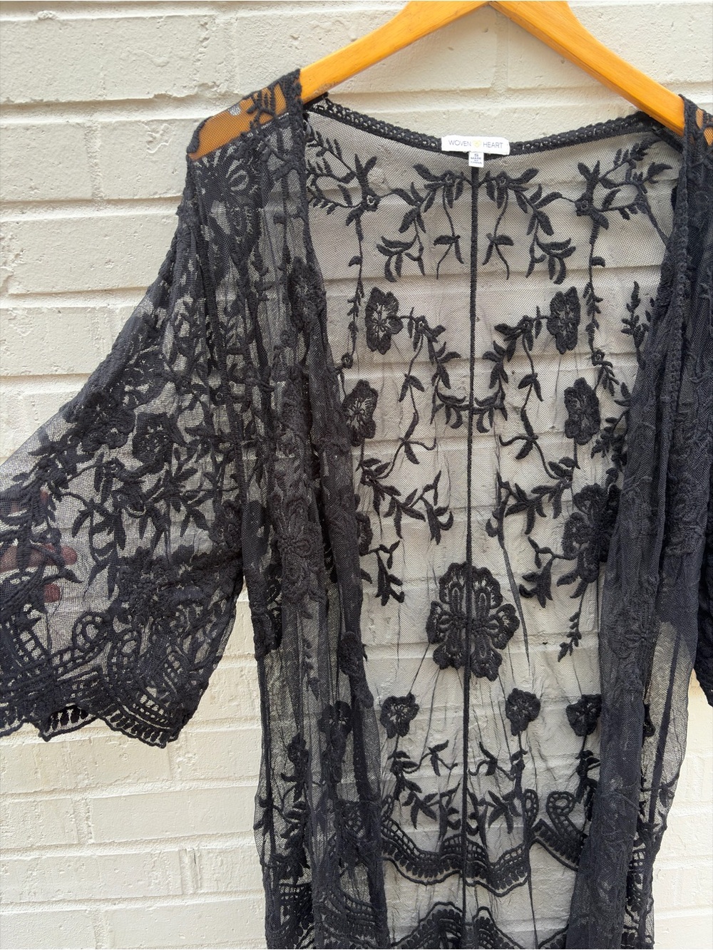 Black Sheer Boho Embroidered Woven Heart Kimono Cardigan - Picture 3 of 9